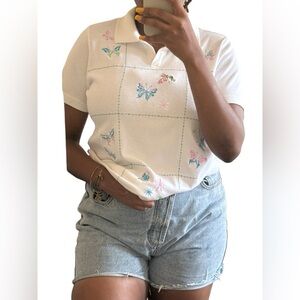 Blair Coquette Core embroidered Butterfly Top Pastel Short Sleeve Size M